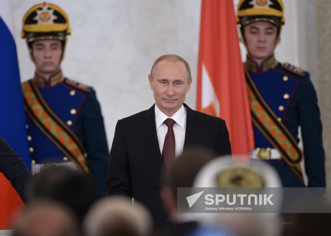 President Vladimir Putin (center) attending the Kremlin ceremony on signing the Russian Federation-Crimea Treaty on Crimea's integration with Russia and formation of new jurisdictions in the Russian Federation, March 18, 2014. Location: Russia, Moscow. Author: Aleksey Nikolskyi/Sputnik. Signing Russian Federation-Crimea Treaty on Crimea's integration with Russia and formation of new jurisdictions in Russian Federation