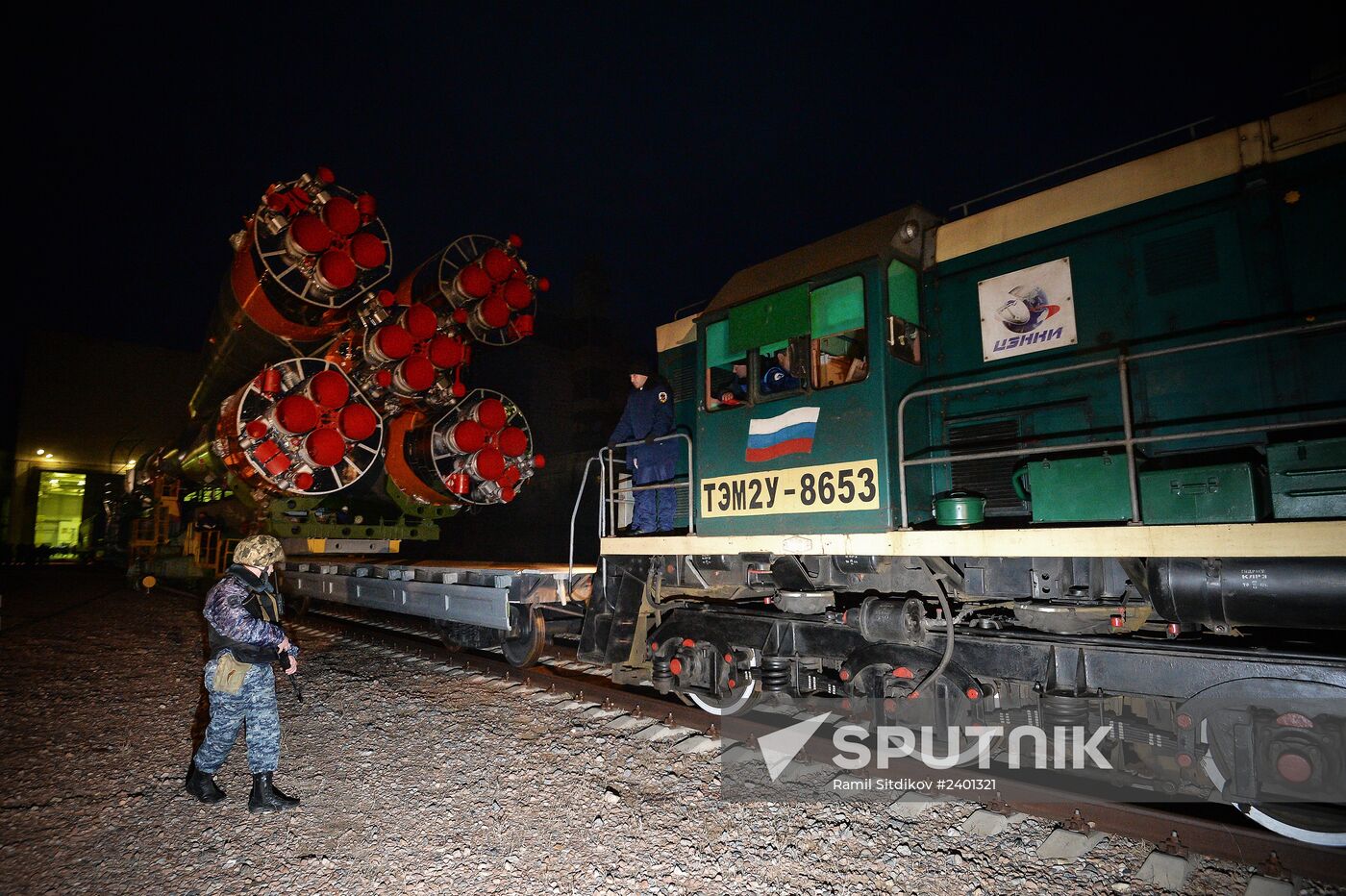 Soyuz-FG booster with Soyuz TMA-11M spaceship installed for launch at Baikonur Cosmodrome