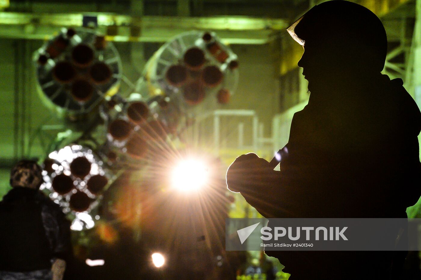Soyuz-FG booster with Soyuz TMA-11M spaceship installed for launch at Baikonur Cosmodrome