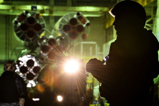 Soyuz-FG booster with Soyuz TMA-11M spaceship installed for launch at Baikonur Cosmodrome