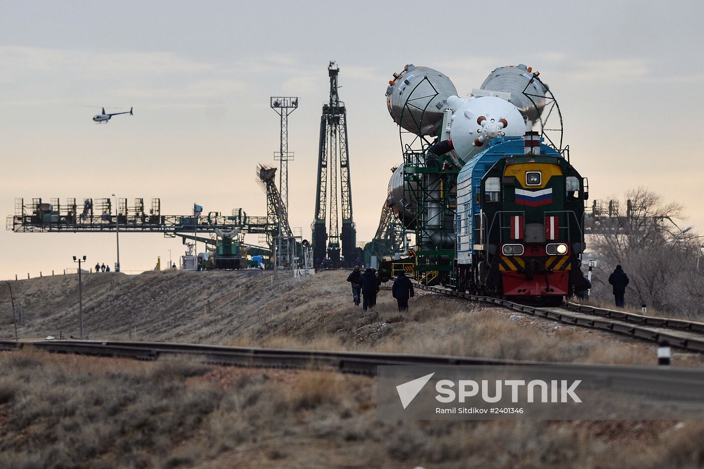 Soyuz-FG booster with Soyuz TMA-11M spaceship installed for launch at Baikonur Cosmodrome
