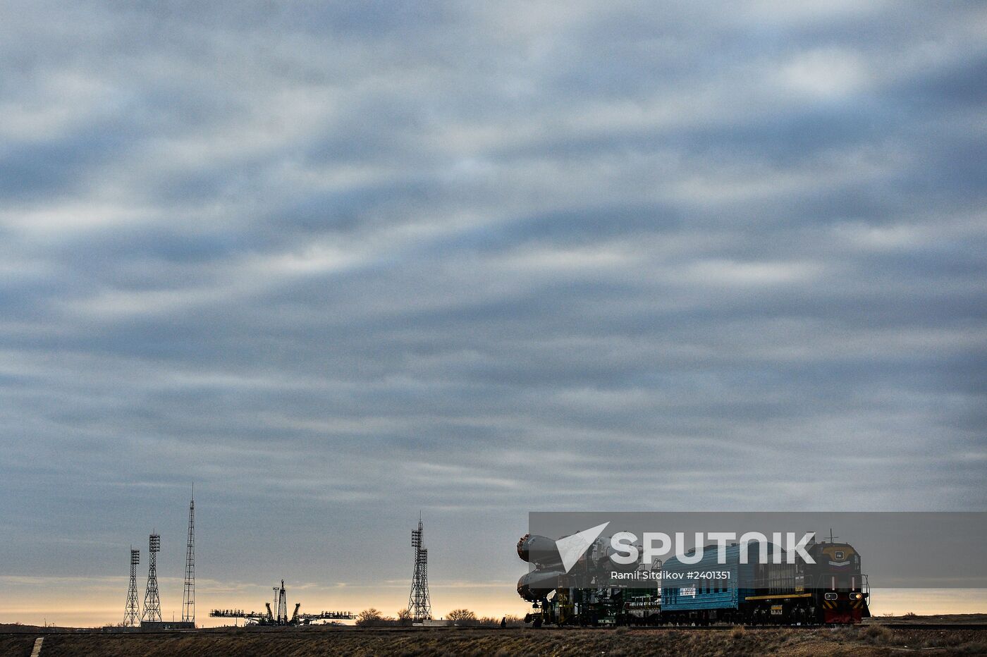 Soyuz-FG booster with Soyuz TMA-11M spaceship installed for launch at Baikonur Cosmodrome
