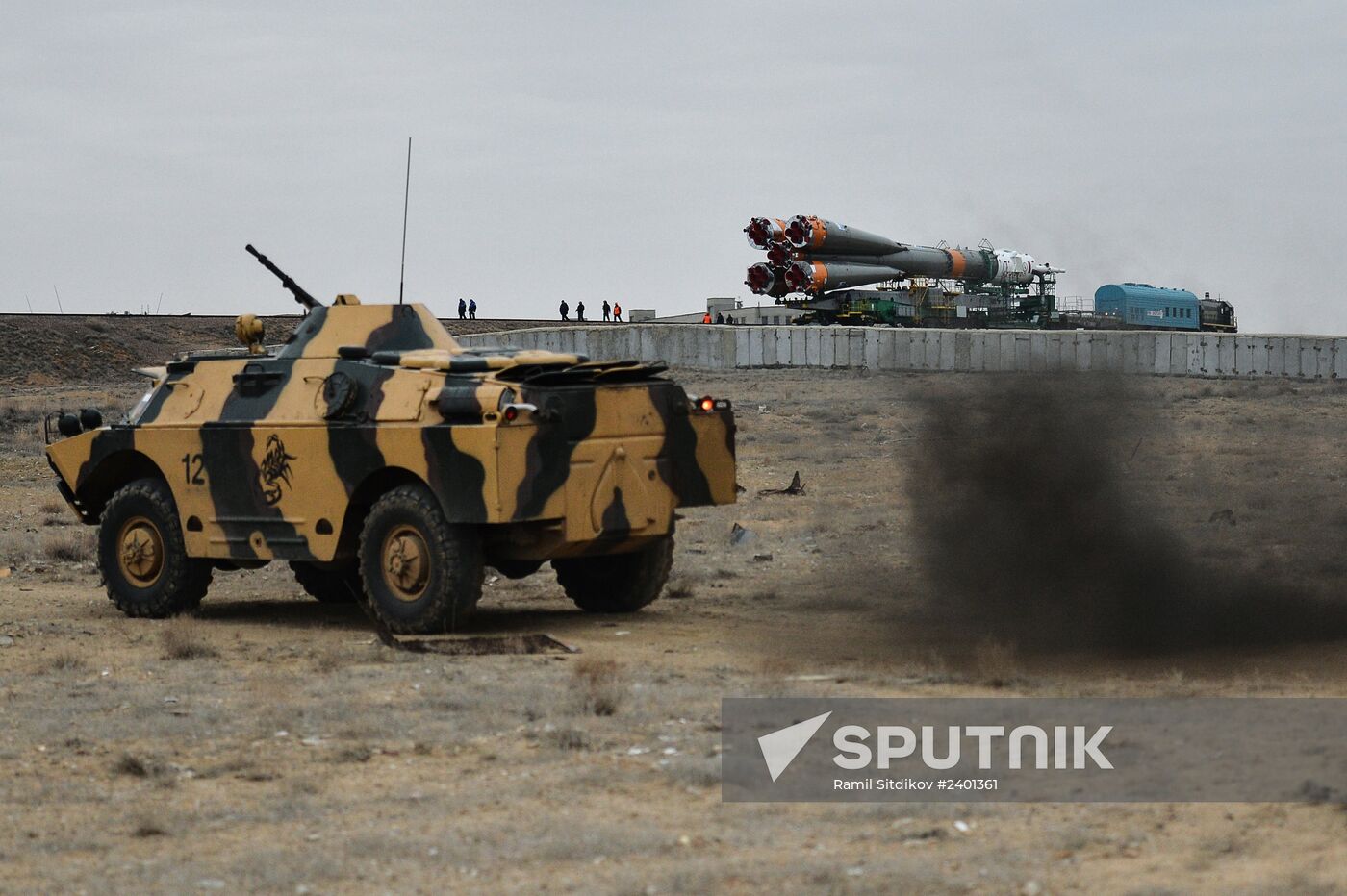 Soyuz-FG booster with Soyuz TMA-11M spaceship installed for launch at Baikonur Cosmodrome