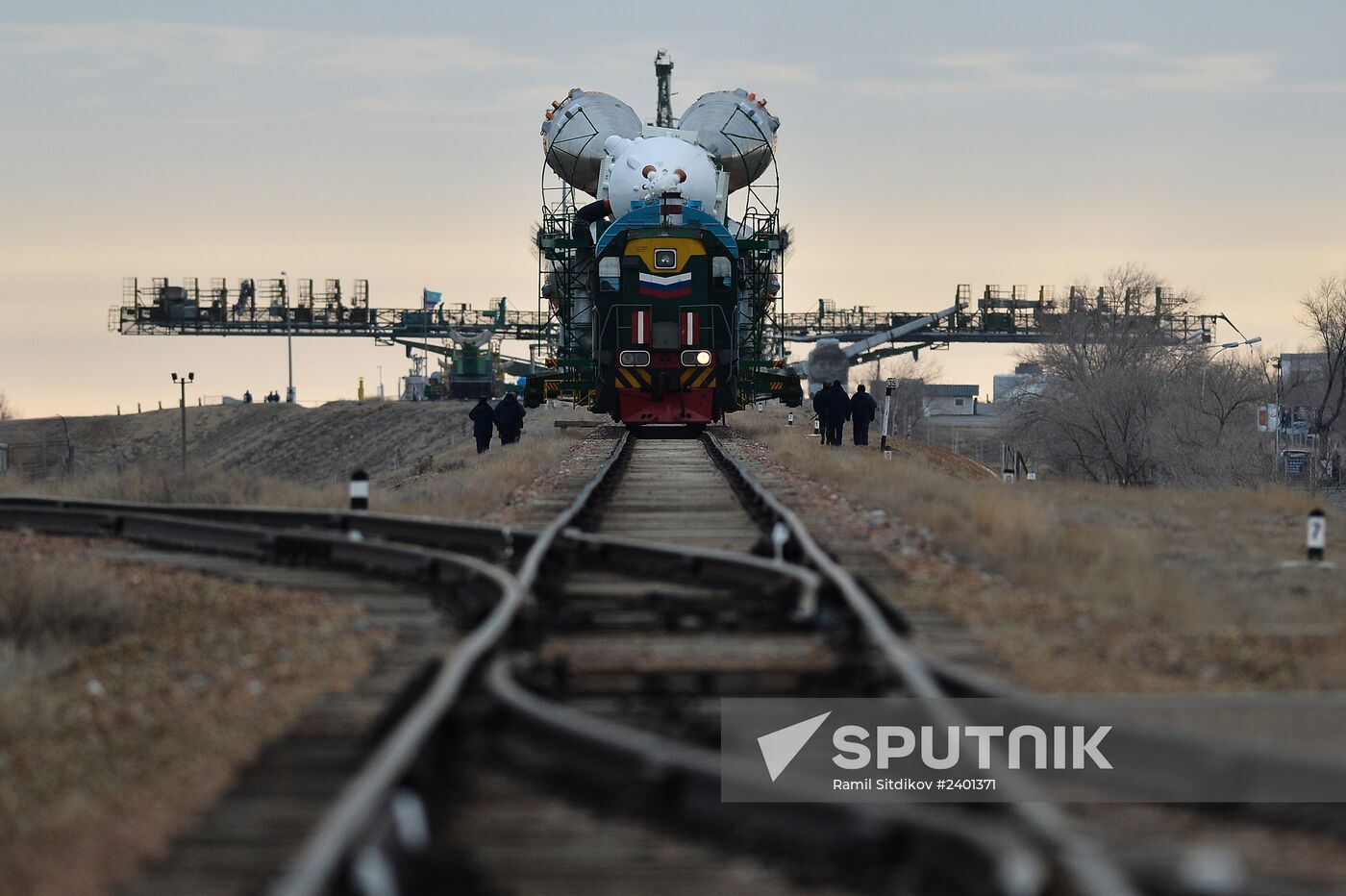 Soyuz-FG booster with Soyuz TMA-11M spaceship installed for launch at Baikonur Cosmodrome