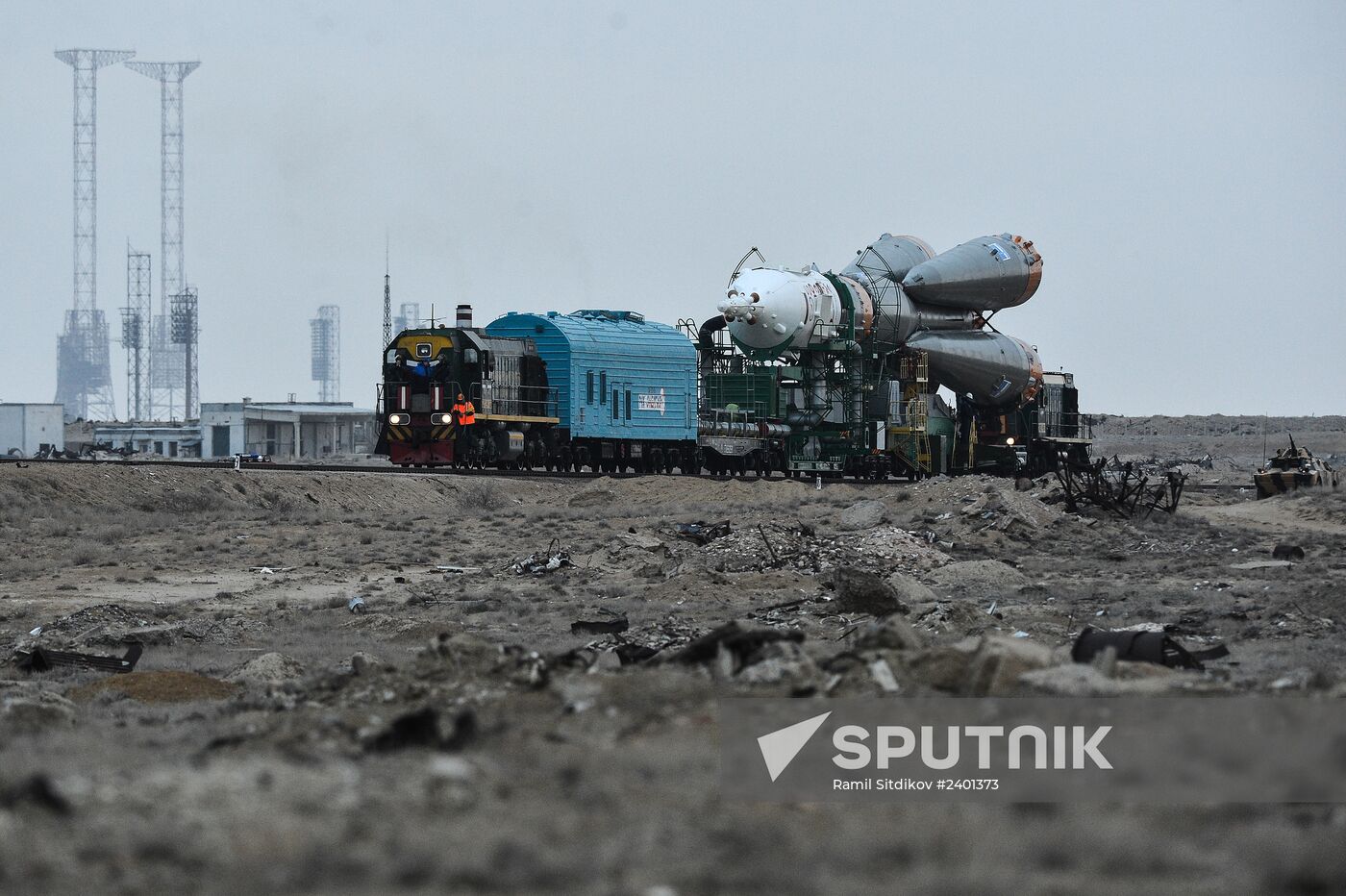 Soyuz-FG booster with Soyuz TMA-11M spaceship installed for launch at Baikonur Cosmodrome