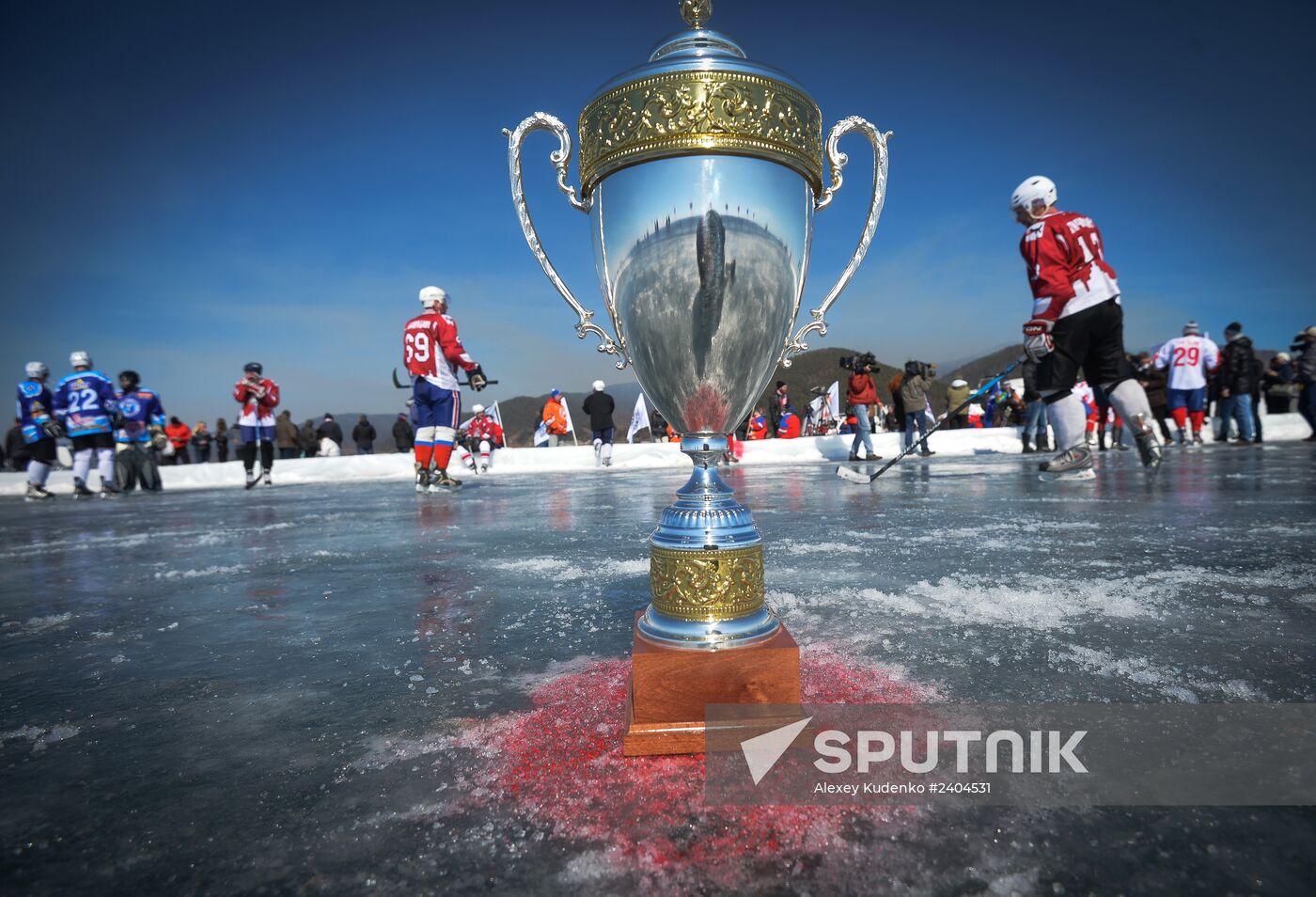 Night Hockey League exhibition match on ice of Lake Baikal