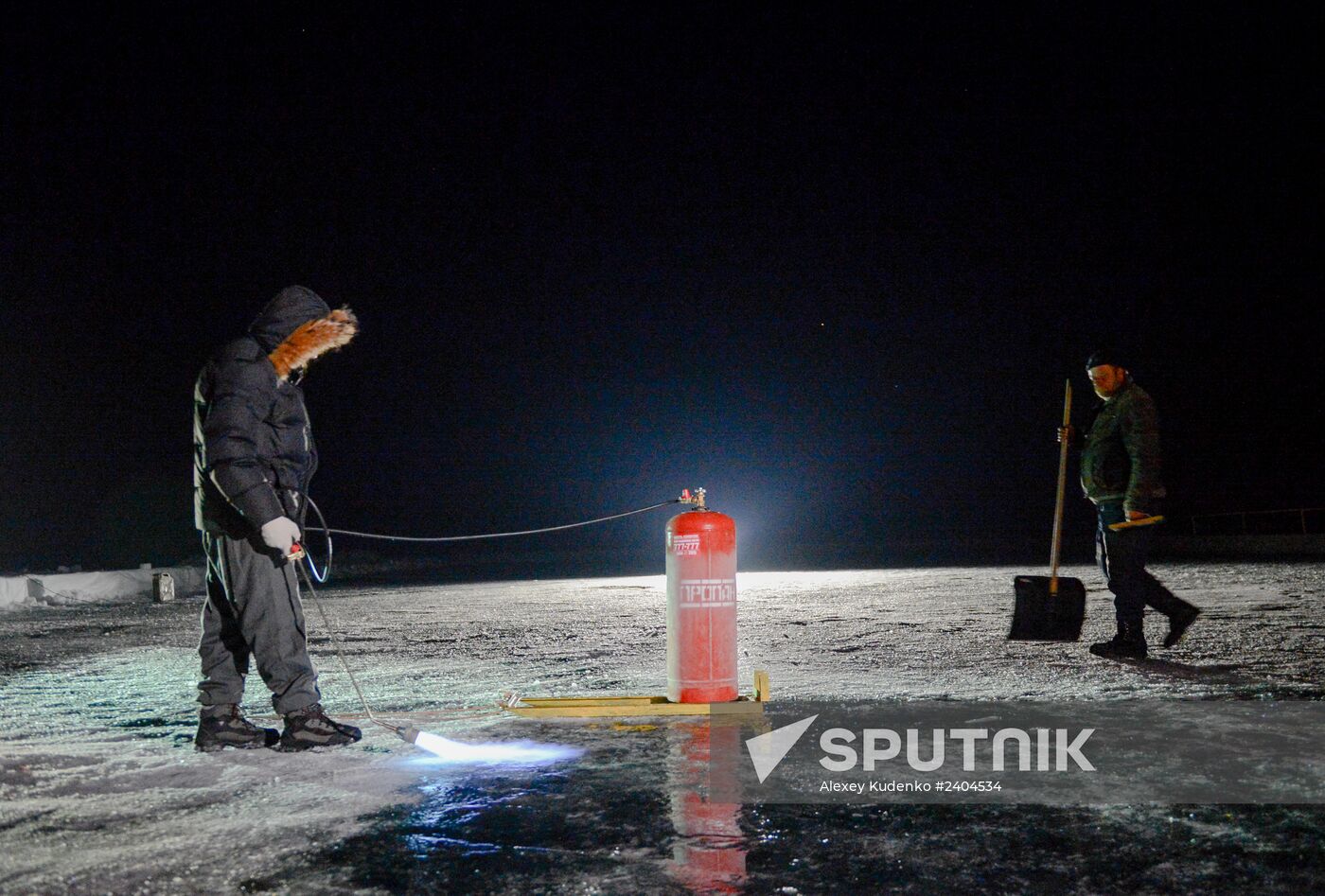 Night Hockey League exhibition match on ice of Lake Baikal