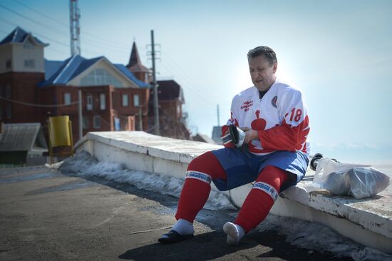 Night Hockey League exhibition match on ice of Lake Baikal