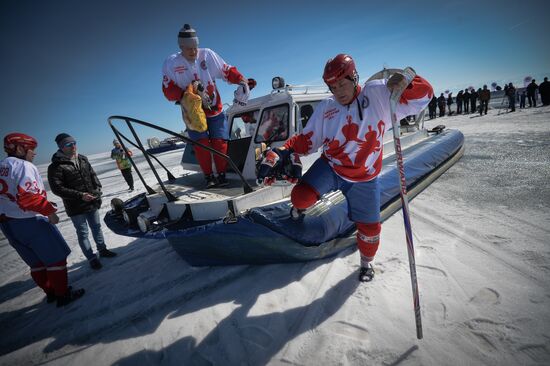 Night Hockey League exhibition match on ice of Lake Baikal