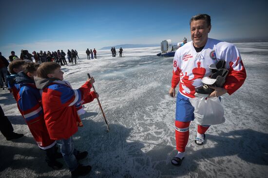 Night Hockey League exhibition match on ice of Lake Baikal