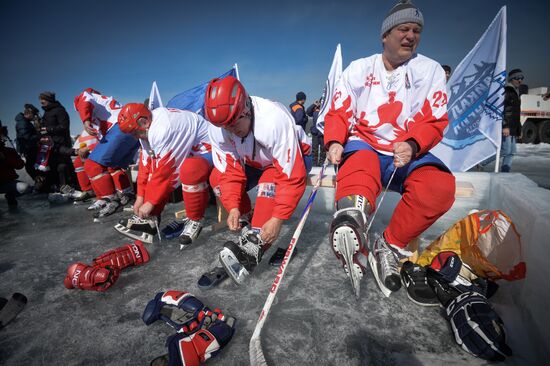 Night Hockey League exhibition match on ice of Lake Baikal
