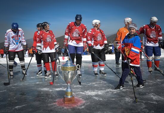 Night Hockey League exhibition match on ice of Lake Baikal