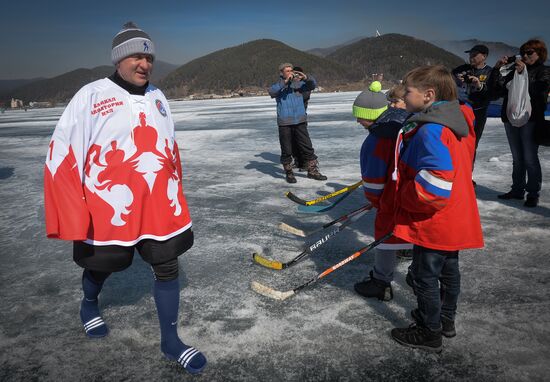 Night Hockey League exhibition match on ice of Lake Baikal
