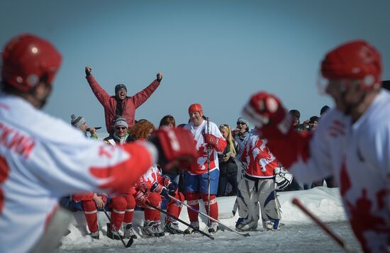 Night Hockey League exhibition match on ice of Lake Baikal