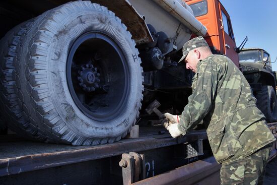 Military machinery prepared for shipment to Ukraine