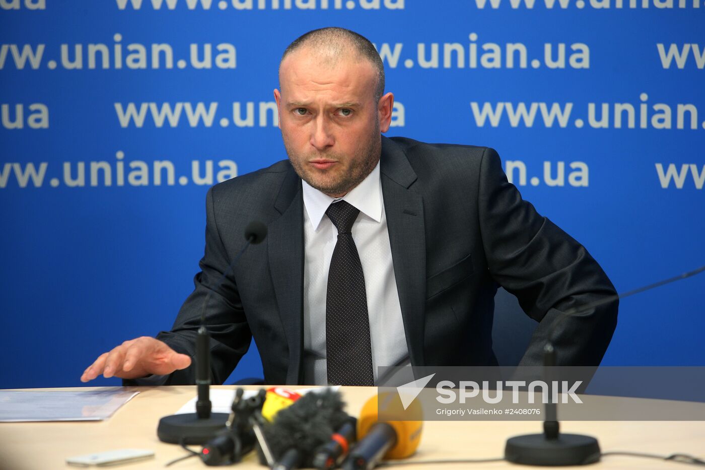 Ukraine's presidential candidate Dmitry Yarosh holds news conference