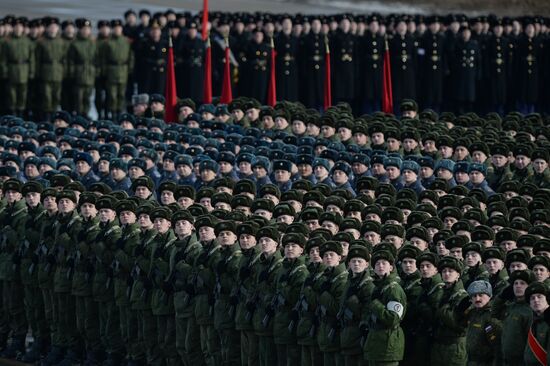 Joint rehearsal of marching and mechanized columns for the Victory Day parade
