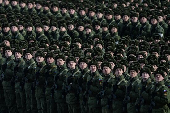 Joint rehearsal of marching and mechanized columns for the Victory Day parade