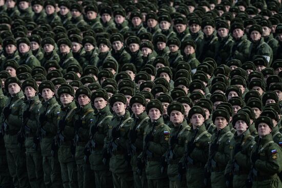 Joint rehearsal of marching and mechanized columns for the Victory Day parade