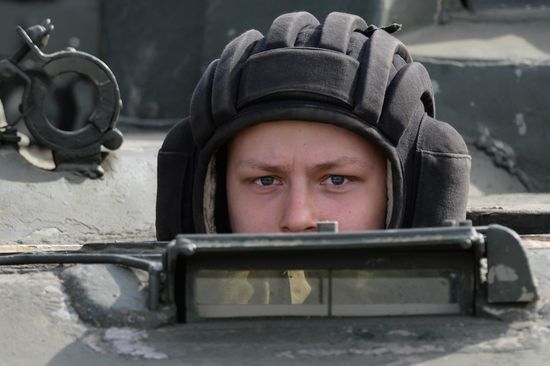 Joint rehearsal of marching and mechanized columns for the Victory Day parade