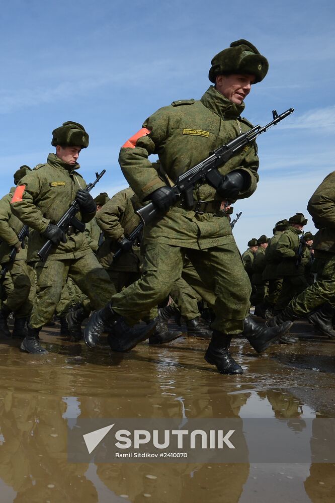 Joint rehearsal of marching and mechanized columns for the Victory Day parade