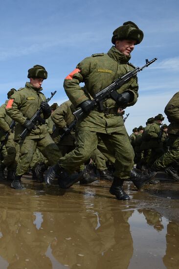 Joint rehearsal of marching and mechanized columns for the Victory Day parade