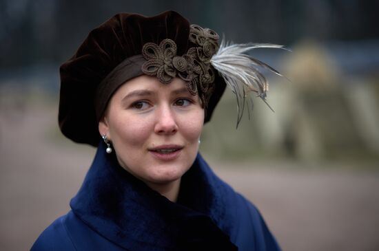 Actors and crew on set of film Battalion of Death in St. Petersburg