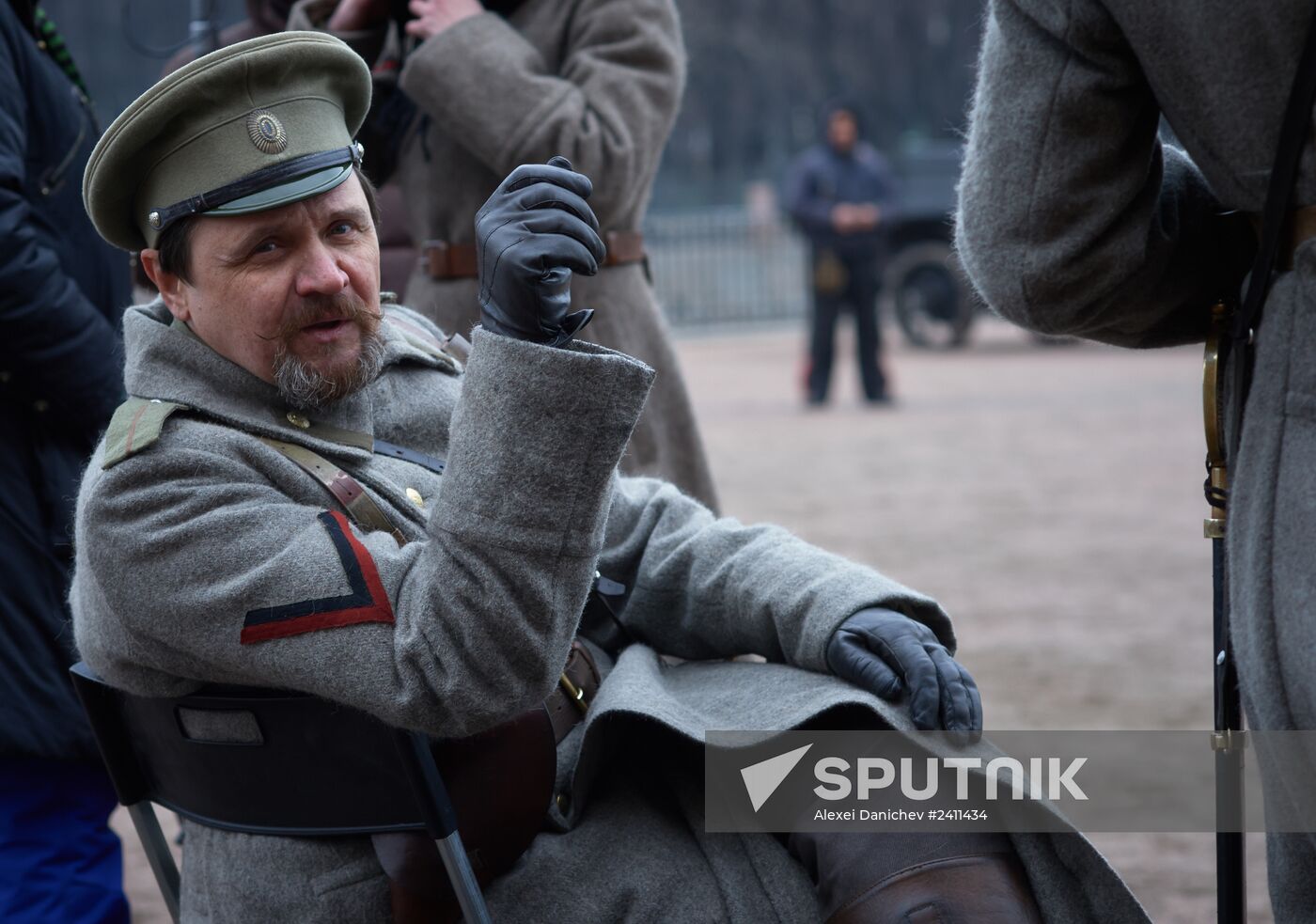 Actors and crew on set of film Battalion of Death in St. Petersburg