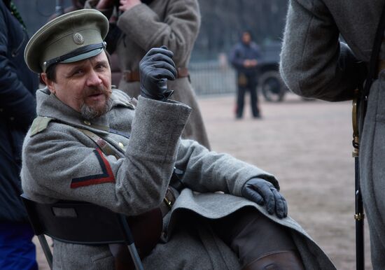 Actors and crew on set of film Battalion of Death in St. Petersburg