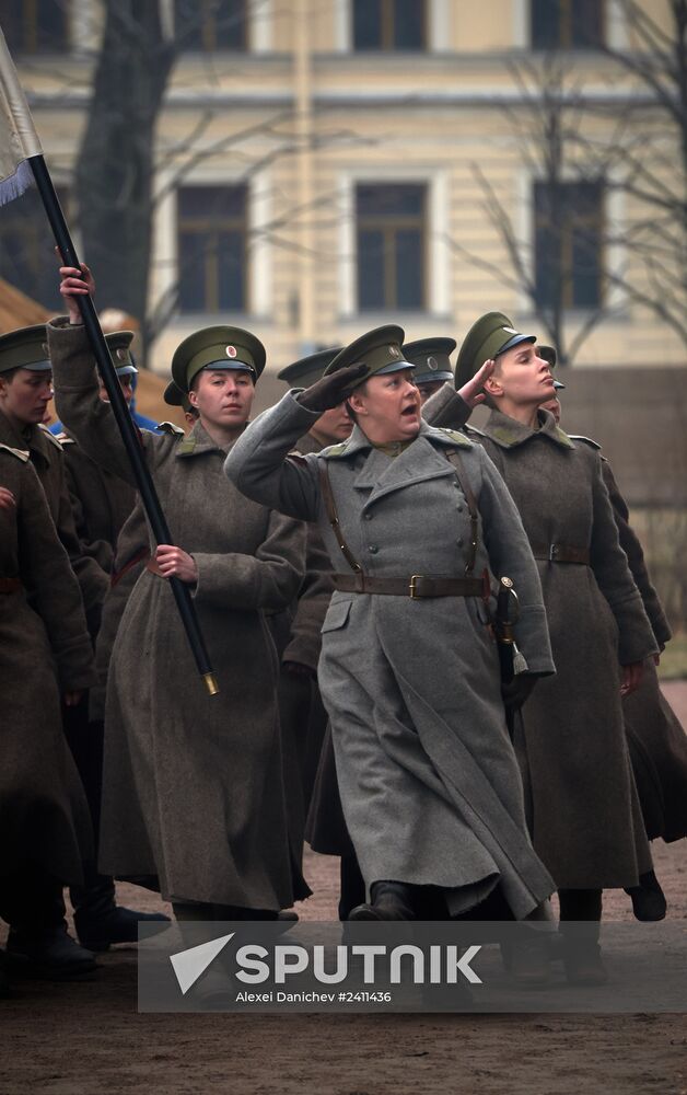 Actors and crew on set of film Battalion of Death in St. Petersburg