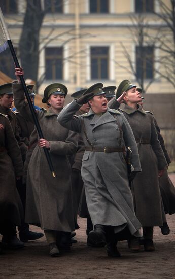 Actors and crew on set of film Battalion of Death in St. Petersburg