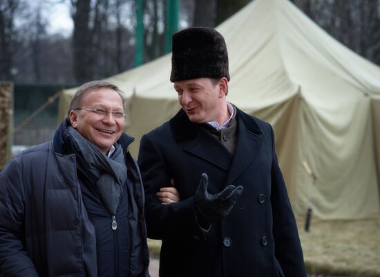 Actors and crew on set of film Battalion of Death in St. Petersburg