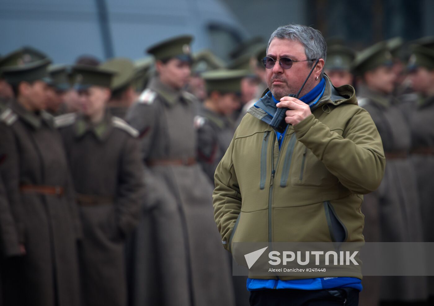 Actors and crew on set of film Battalion of Death in St. Petersburg