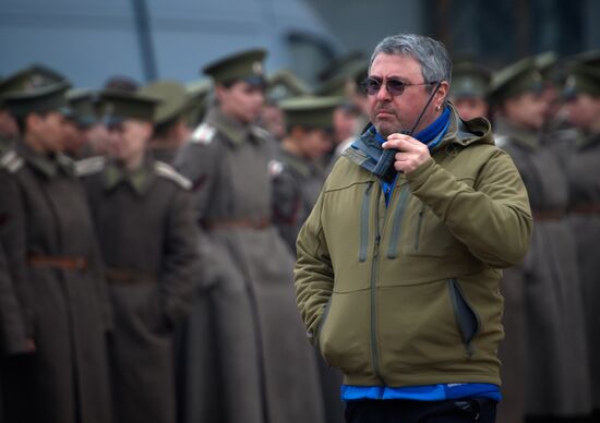 Actors and crew on set of film Battalion of Death in St. Petersburg