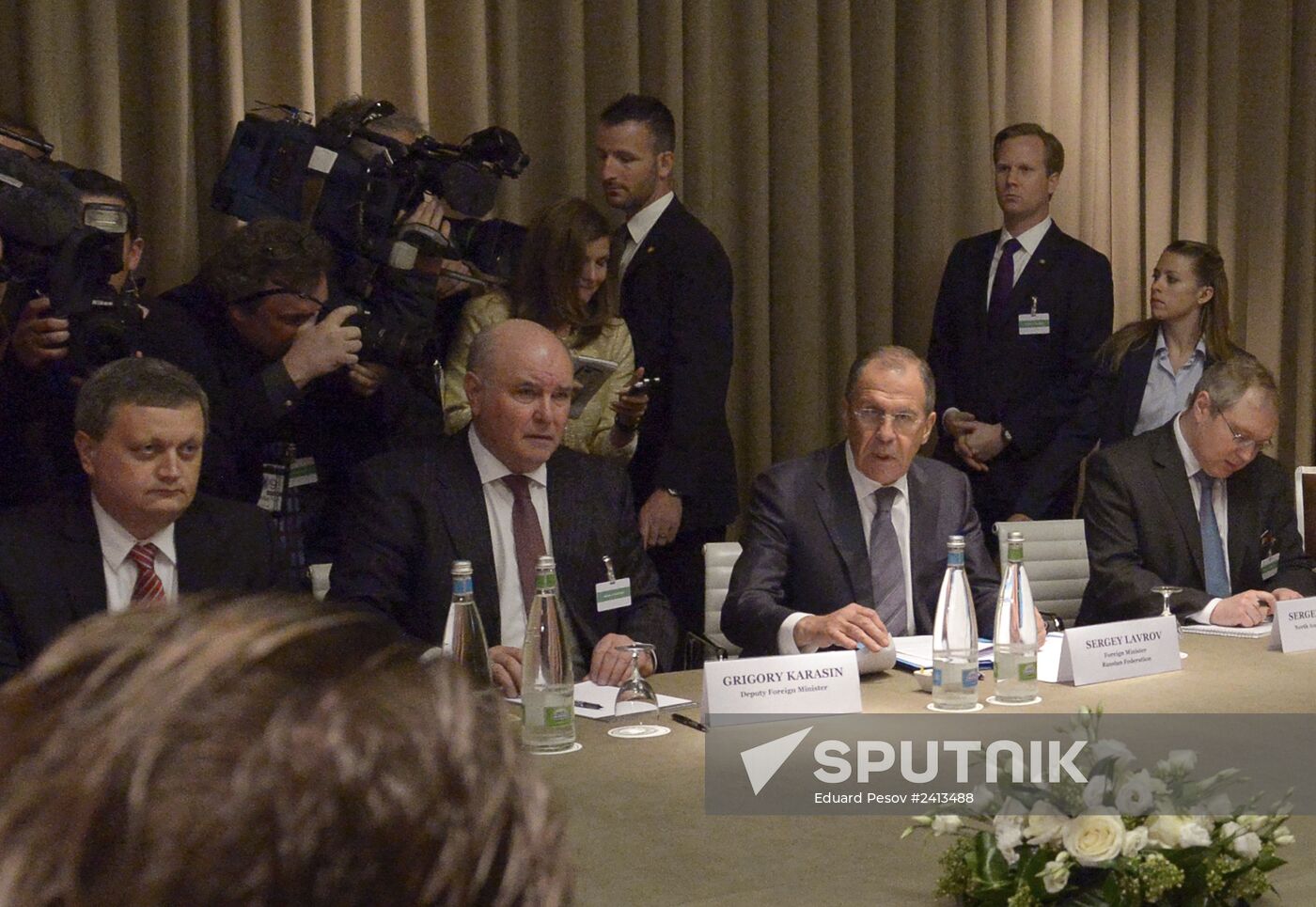 Russian Foreign Minister Sergei Lavrov, second right, and Russia's Deputy Foreign Minister Grigory Karasin, second left, attend four-sided talks on resolving the domestic political crisis in Ukraine. The talks involve the Russian Federation, the United States, the European Union and Ukraine in Geneva. Location: Switzerland, Geneva. Author: Eduard Pesov/Sputnik. Sergei Lavrov meets with John Kerry in Geneva