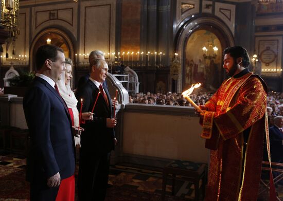 Vladimir Putin and Dmitry Medvedev attend Easter service at Christ the Savior Cathedral in Moscow