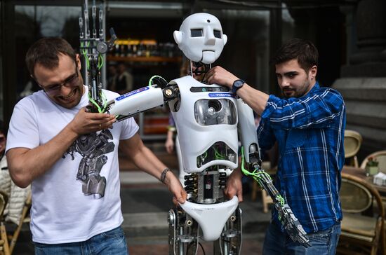 Thespian humanoid robot on display in Moscow