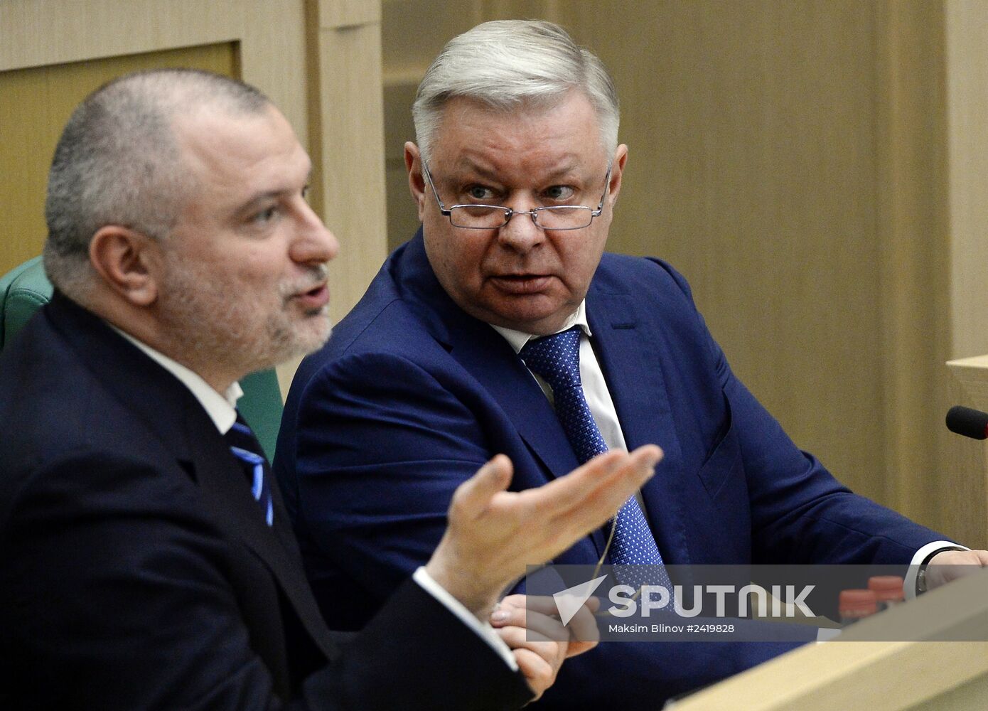 Andrei Klishas, head of the Federation Council committee on constitutional legislation, law, judicial matters and development of civil society, and Konstantin Romodanovsky, head of the Federal Migration Service, attending the Federation Council meeting. Location: Russia, Moscow. Author: Maksim Blinov/Sputnik. Meeting of the Russian Federation Council