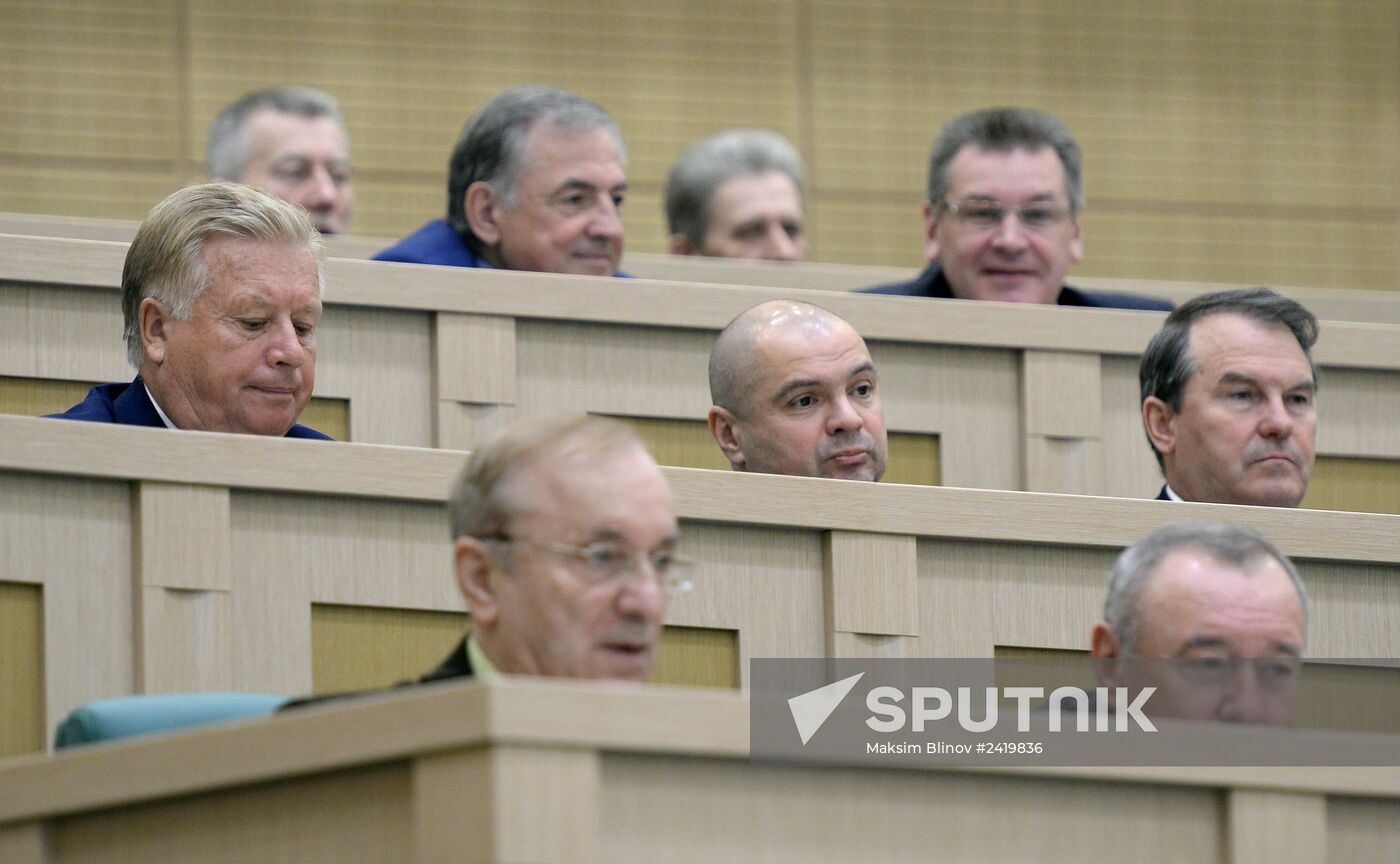 Senators attending the Federation Council meeting. Location: Russia, Moscow. Author: Maksim Blinov/Sputnik. Meeting of the Russian Federation Council