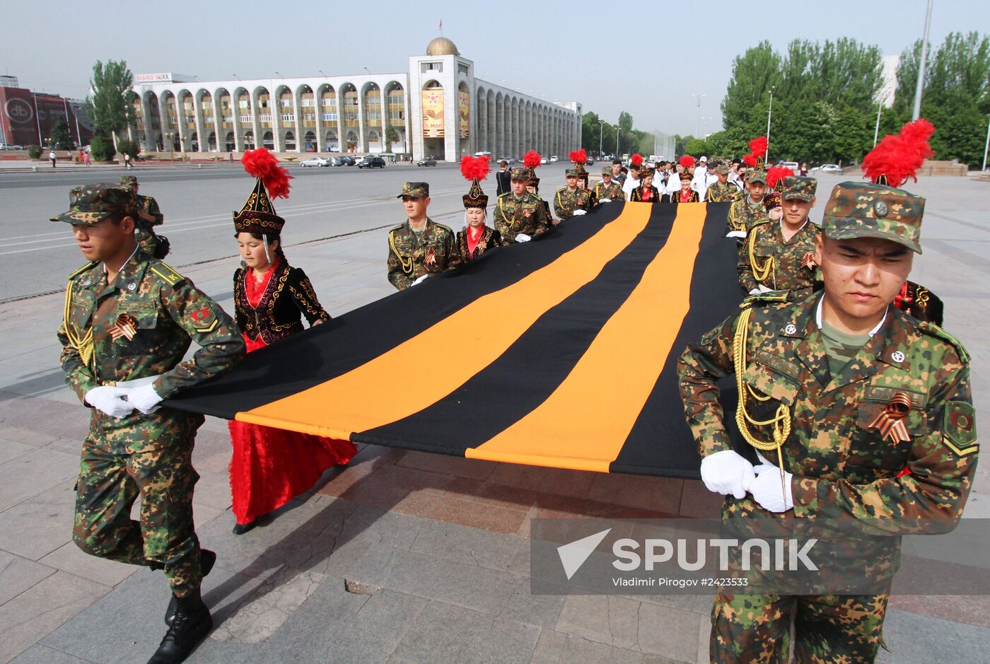 Large St George's ribbon marched in downtown Bishkek