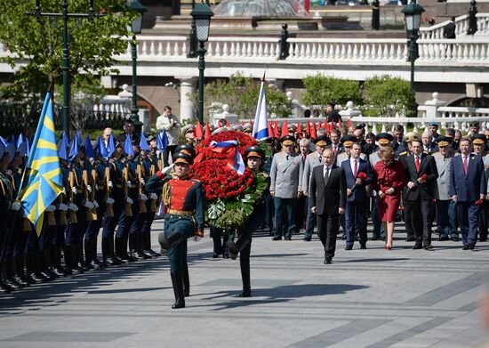 Wreath and flowers laid at Tomb of Unknown Soldier near Kremlin wall