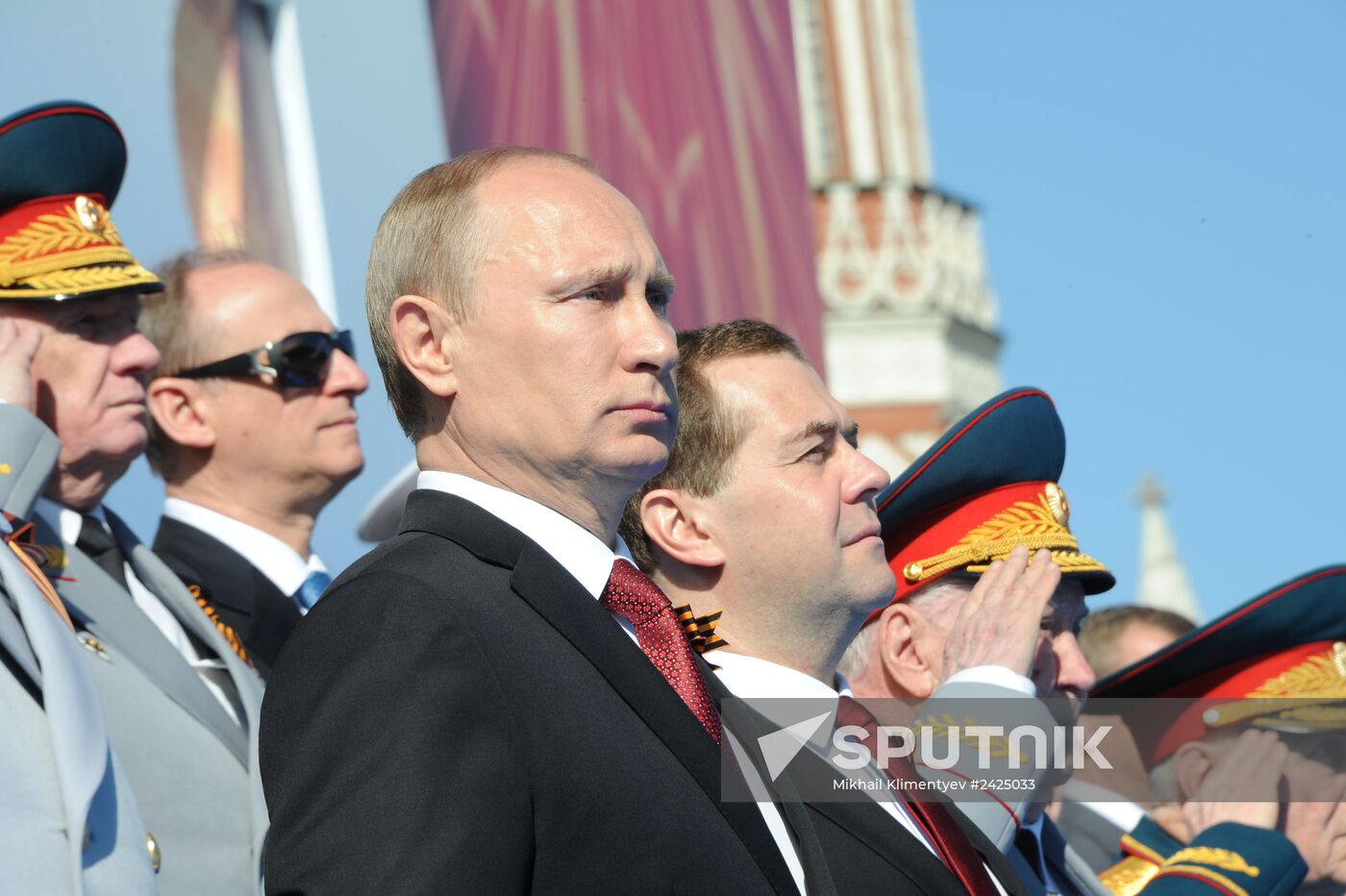 Vladimir Putin and Dmitry Medvedev at Victory Day parade on Red Square