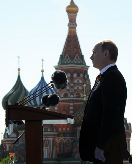 Vladimir Putin and Dmitry Medvedev at Victory Day parade on Red Square