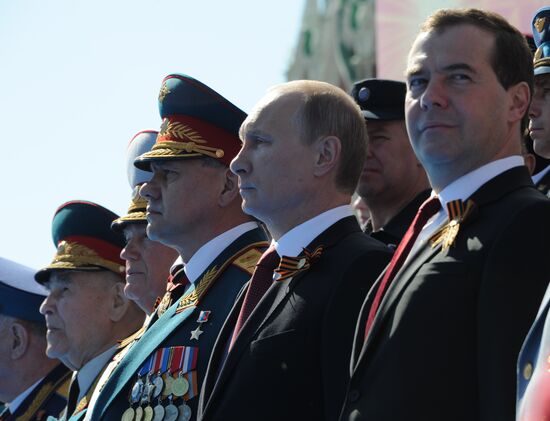 Vladimir Putin and Dmitry Medvedev at Victory Day parade on Red Square