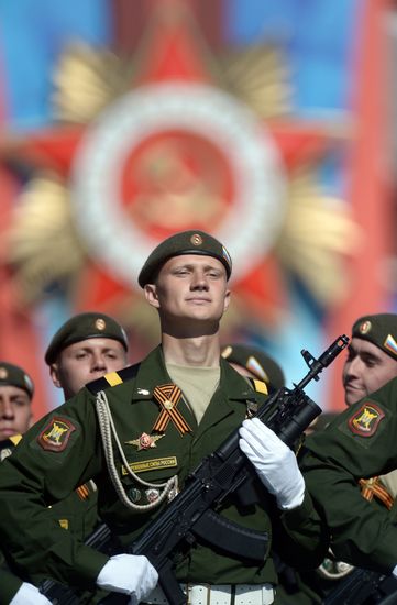 Vladimir Putin and Dmitry Medvedev at Victory Day parade on Red Square