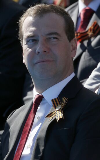 Vladimir Putin and Dmitry Medvedev at Victory Day parade on Red Square