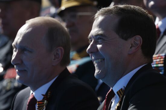 Vladimir Putin and Dmitry Medvedev at Victory Day parade on Red Square