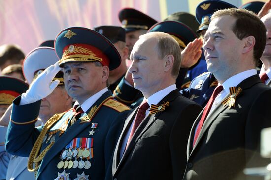 Vladimir Putin and Dmitry Medvedev at Victory Day parade on Red Square
