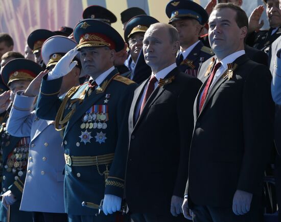 Vladimir Putin and Dmitry Medvedev at Victory Day parade on Red Square