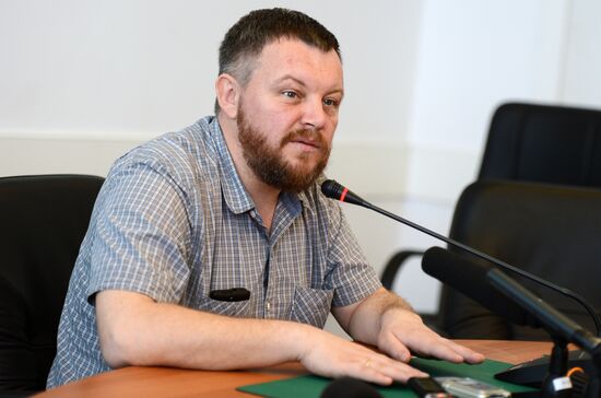 Andrei Purgin, co-chairman of Donetsk People's Republic government, gives news conference